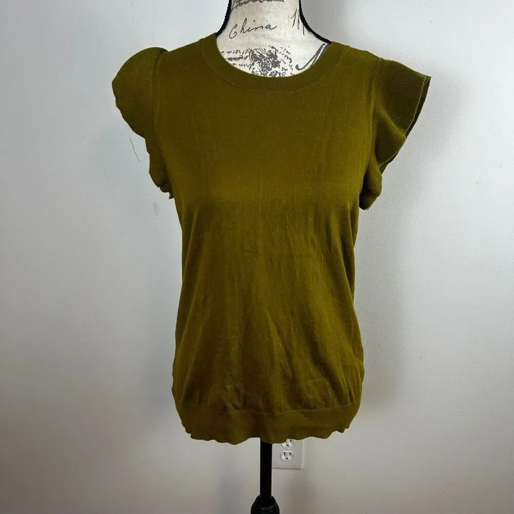 LOFT Outlet Women's Medium Olive Green Ruffle Cap Sleeve Knit Sweater Top